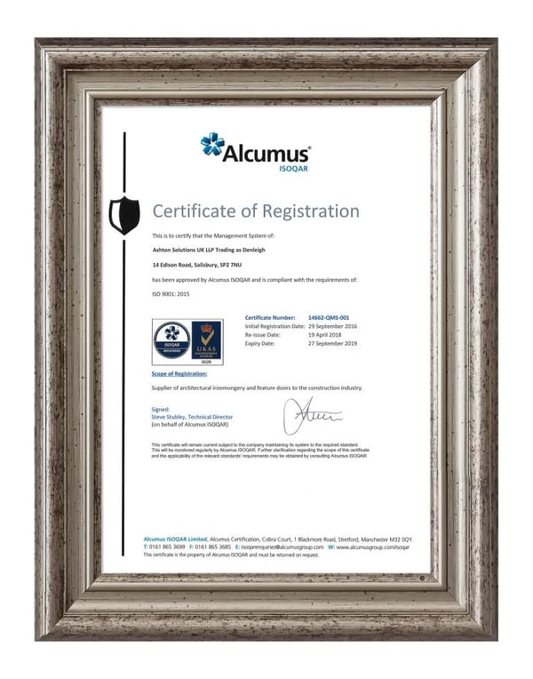 Denleigh ISO9001-2015 Certificate Framed lr